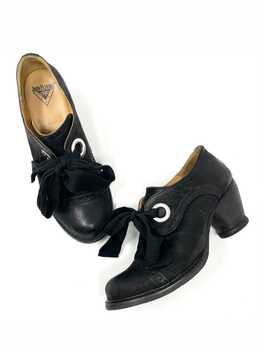 John Fluevog Black Leather East End Templeton Lace Up Oxford Shoes Heels Pumps 7